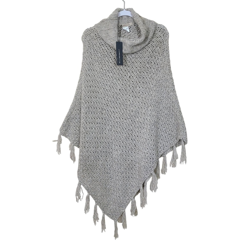 Italian Wool Blend Ivory Gray Knit Cowl Poncho Vanilla‎ Clean Girl Lux Oversized